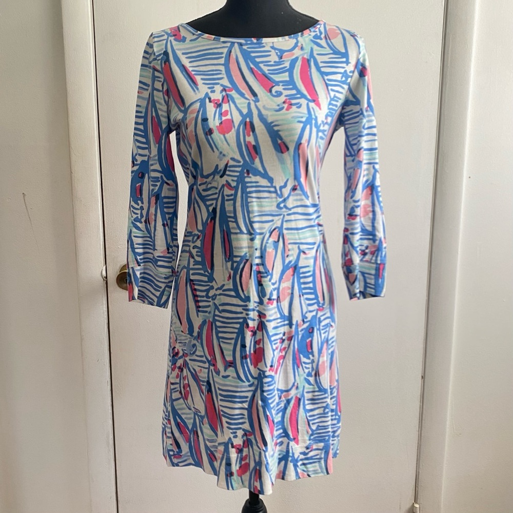 Lilly Pulitzer Extra Small White & Blue 3/4 Sleeves Boat Neck Dress